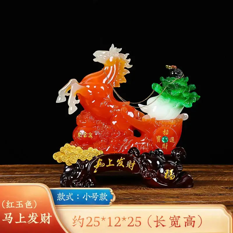 Vibrant orange-red jade fortune horse ornament with white and green accents featuring carriage and prosperity symbols for living room decor