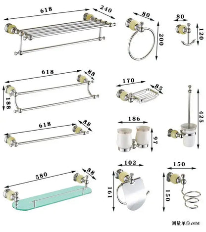 Chrome-finished jade bathroom set with cream ceramic accents and decorbites brass fittings for elegant bathroom decor