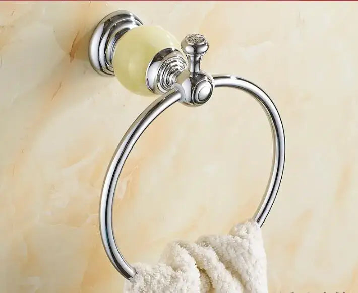 Chrome-finished towel ring with pale yellow ceramic knob and ornate detailing from jade bathroom set decorbites brass