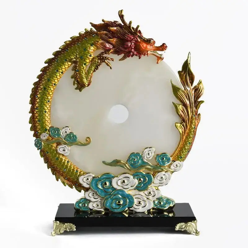 Decorbites jade dragon phoenix ornament jade disc sculpture with gold turquoise accents and floral motifs for living room decor