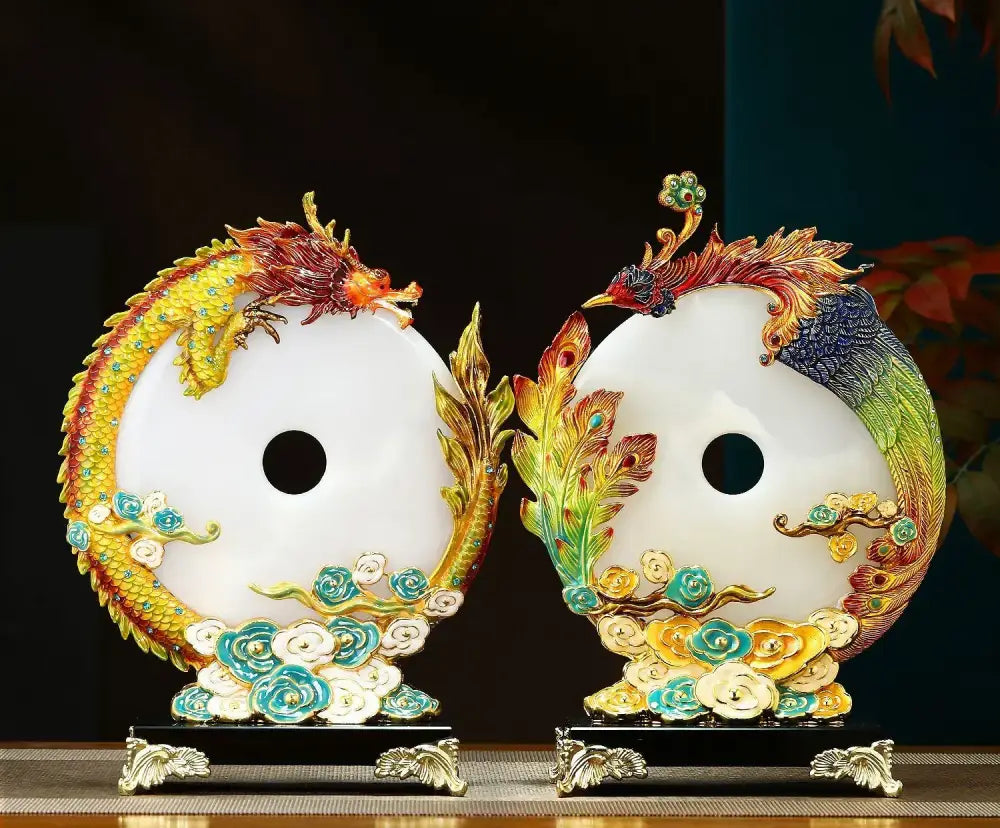 Pair of ornate white jade dragon phoenix ornaments with intricate carvings and colorful enamel for living room decorbites jade dragon