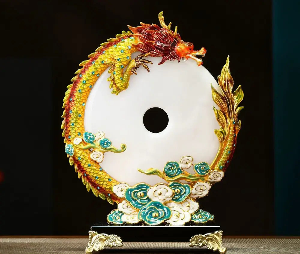A vibrant jade dragon phoenix ornament featuring a detailed dragon encircling a white jade disc with turquoise accents