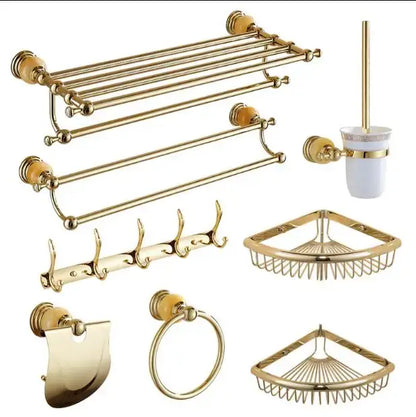 Jade gold bathroom accessories set with brushed gold finish and ornate detailing for elegant bathroom accessories use