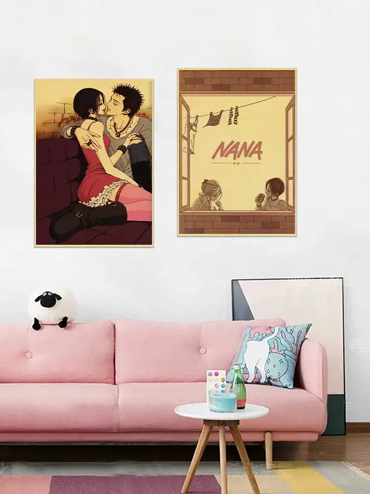 Pink tufted sofa with a sheep plush toy on the left armrest featuring DecorBites™ japanese anime nana retro poster set