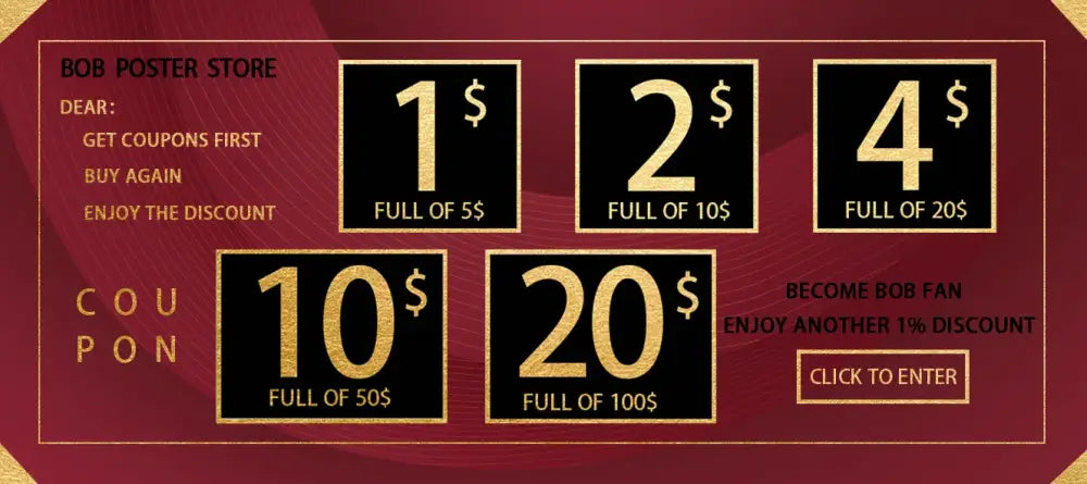 Red promotional coupon for bob poster store featuring gold discount amounts on black squares for japanese anime nana posters decorbites retro set