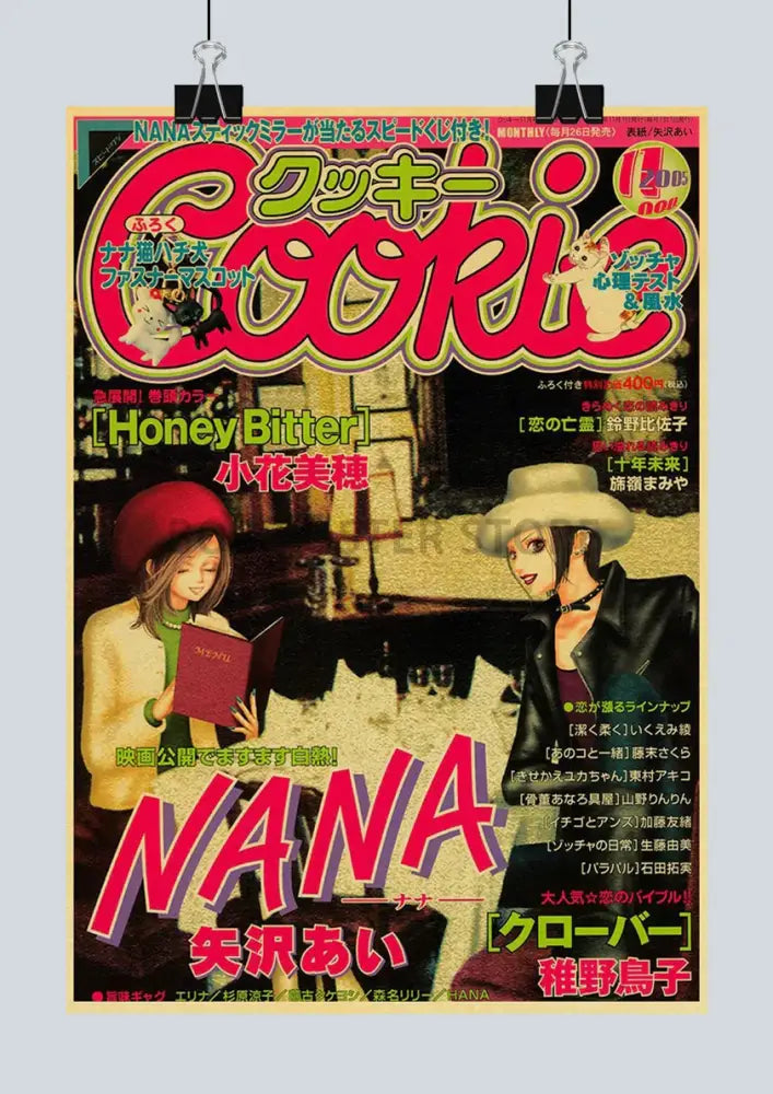 A vibrant glossy decorbites™ japanese anime nana retro poster set featuring two illustrated characters with red and pink text