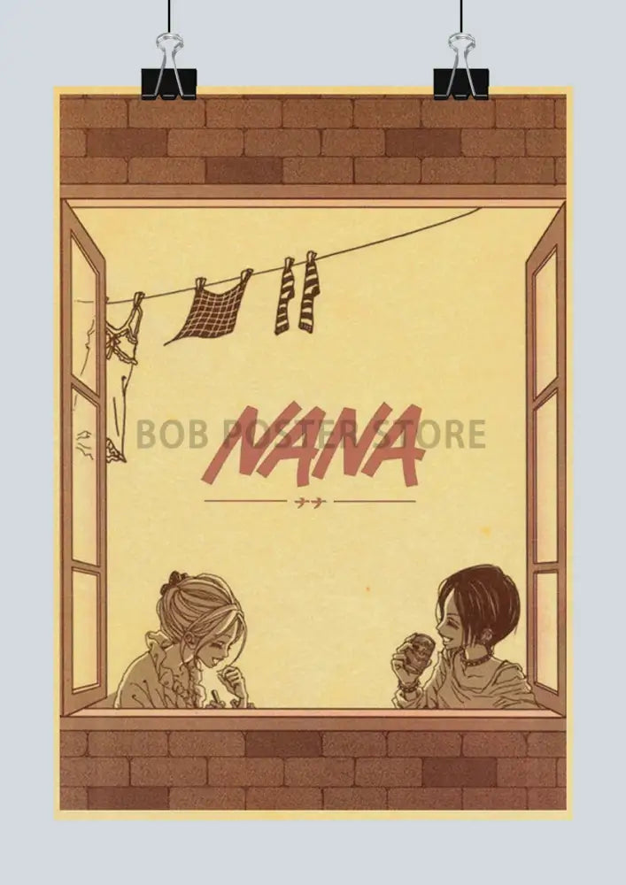 Vintage-style illustrated decorbites™ japanese anime nana retro poster set featuring two characters at a window with brickwork and laundry