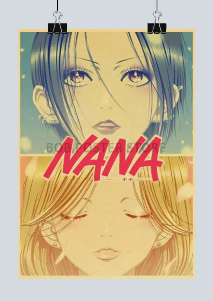 Vintage-style DecorBites™ japanese anime nana retro poster set featuring two girls with blue and blonde hair and bold red lettering
