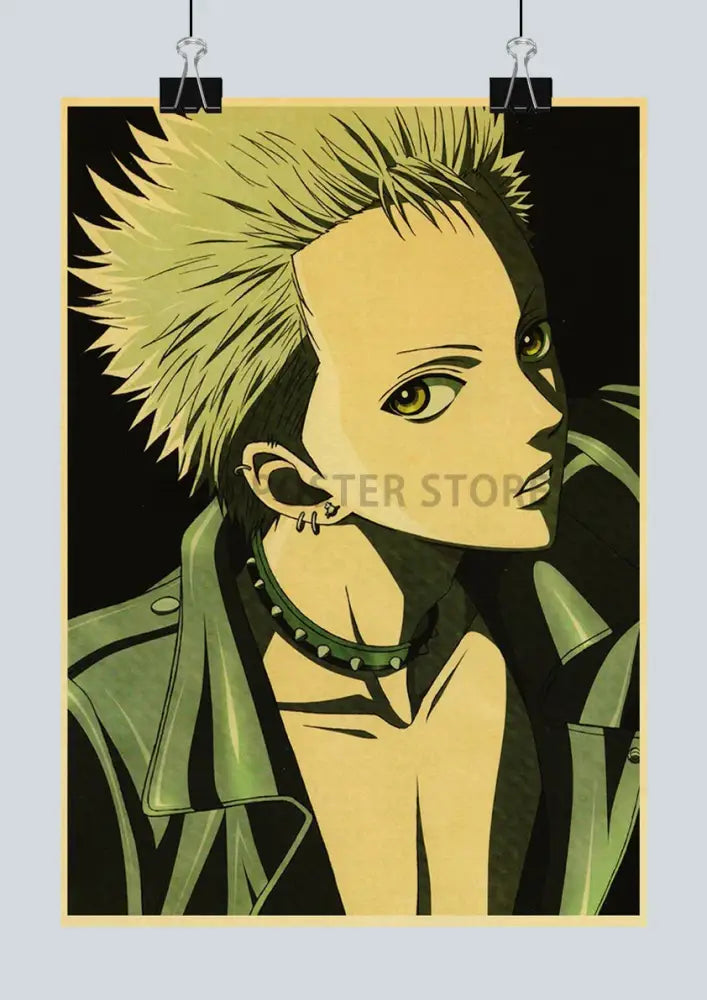 Stylized yellow and green anime nana poster featuring a spiky-haired character with piercing eyes and spiked choker