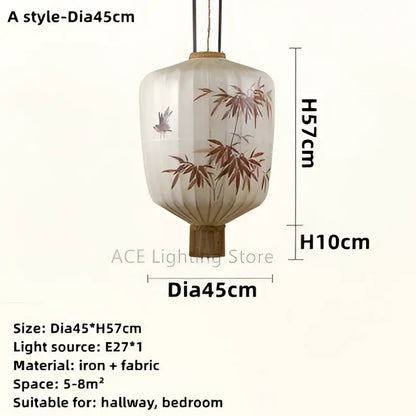 Off-white paper lantern with brown bamboo leaf pattern and bird illustrations with wooden base for living room pendant light