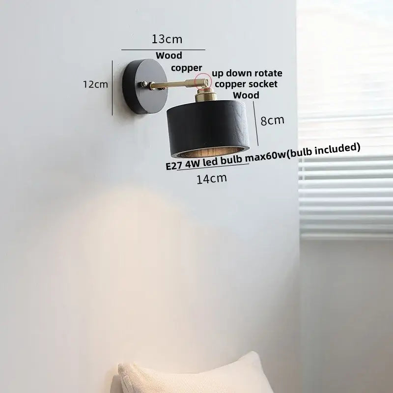 Japanese black wood wall light with pull chain switch featuring a black cylindrical wall lamp with copper arm decorbites wall light