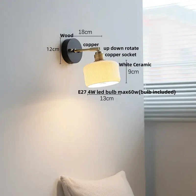 Japanese black wood wall light with copper arm, white ceramic lampshade, and pull chain switch for bedroom decorbites wall light