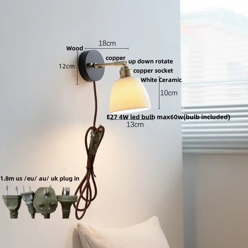 Vintage japanese black wood wall light with copper arm white ceramic shade and pull chain switch for bedroom decorbites wall light