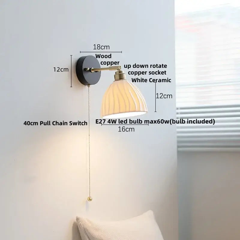 Japanese black wood wall light with white ceramic fluted shade copper arm and wood copper base decorbites wall light
