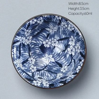 Blue and white ceramic kung fu tea cup porcelain bowl with gold rim and cherry blossom decor by decorbites ceramic