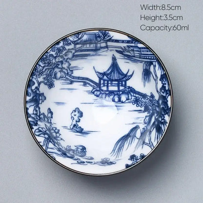 A delicate white porcelain saucer with blue hand-painted chinese garden scene for decorbites ceramic kung fu tea use