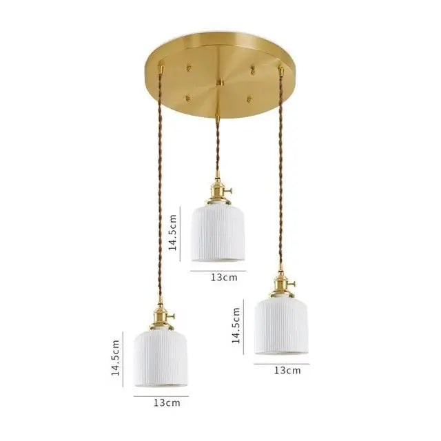 Gold-toned ceramic led pendant light with three white ribbed glass shades suspended by braided cords for dining room decorbites ceramic led