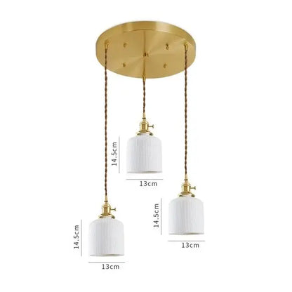 Gold-toned ceramic led pendant light with three white ribbed glass shades suspended by braided cords for dining room decorbites ceramic led