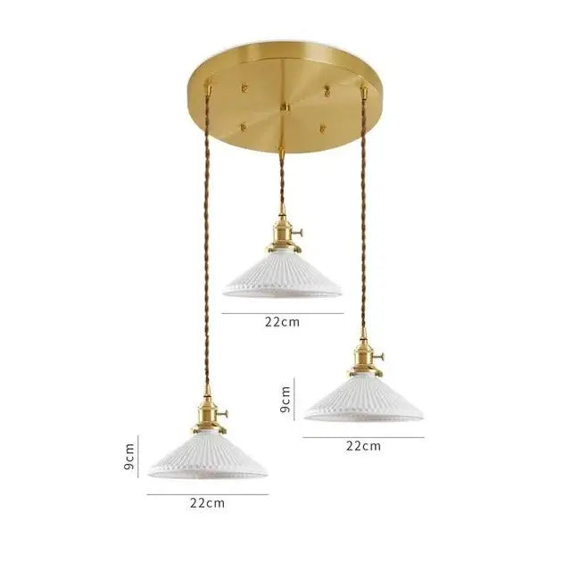 Gold-toned decorbites ceramic led pendant light with three white ribbed glass shades for dining room decor