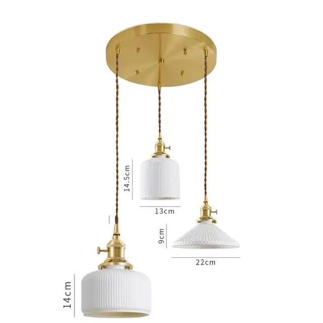 Gold-toned decorbites ceramic led pendant light with three white ribbed glass shades suspended by braided cords for dining room decor