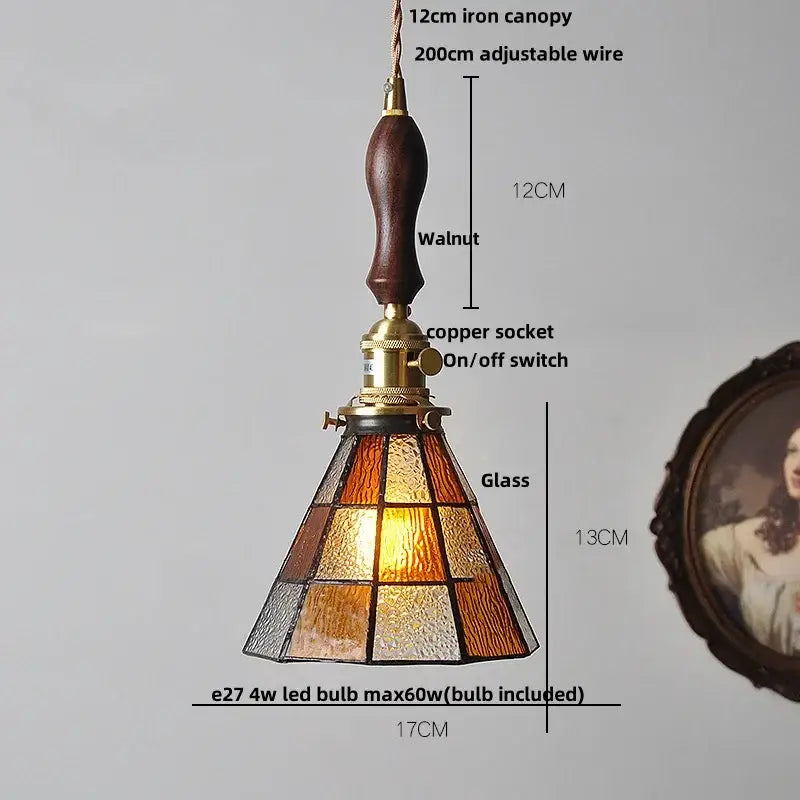Japanese geometric glass led pendant lamp with walnut iron canopy brass socket amber frosted glass panels for dining room