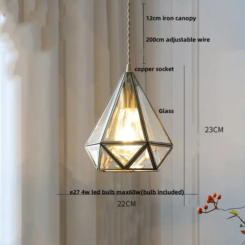 Japanese geometric glass led pendant lamp with copper socket and iron canopy for dining room lighting