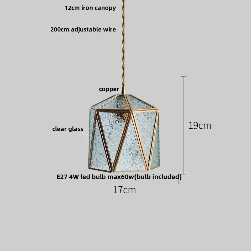 Japanese geometric glass led pendant lamp with clear textured glass and copper frame suspended from adjustable wire