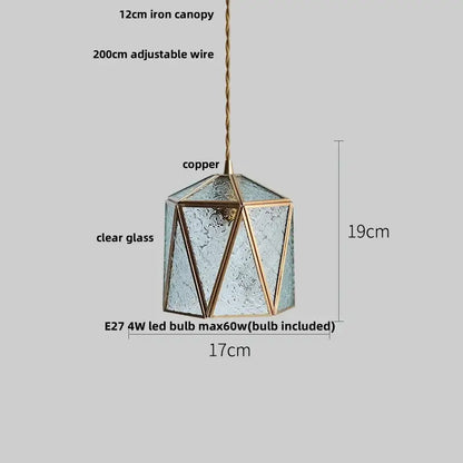 Japanese geometric glass led pendant lamp with clear textured glass and copper frame suspended from adjustable wire