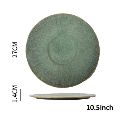 A rustic Japanese green textured ceramic dinnerware set plate with mottled sage glaze by decorbites ceramic dinnerware