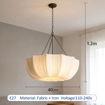 Japanese pleated white fabric pendant light with soft cream color and dark iron chains, a refined choice cord pendant