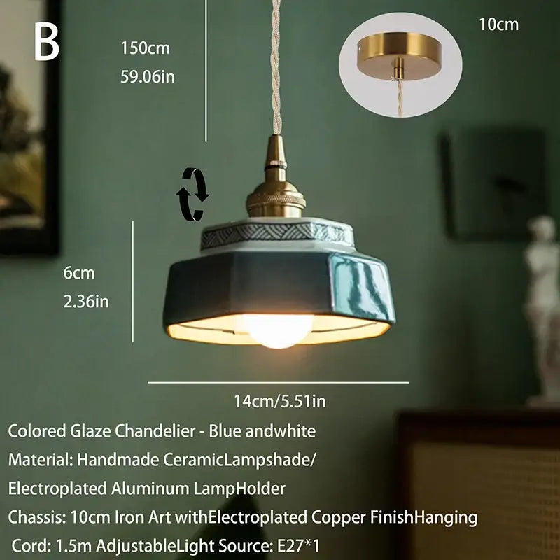 Blue and white handcrafted ceramic pendant light with brass metal fixture for Japanese retro dining room decor