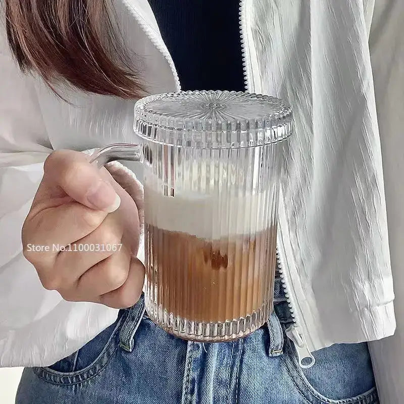 Clear ribbed glass coffee cup set with matching lid and handle from decorbites glass coffee kitchen glassware