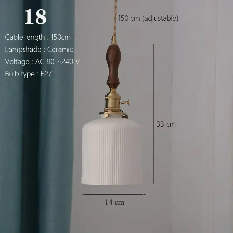 White ceramic pendant light with vertical ridges brass fixture and wooden handle for kitchen dining room use