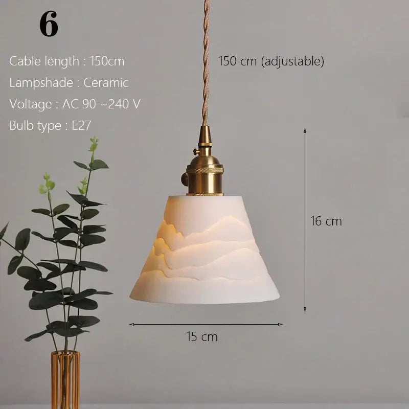 Japanese ribbed white ceramic pendant light with textured mountain design and brass hardware for kitchen dining room