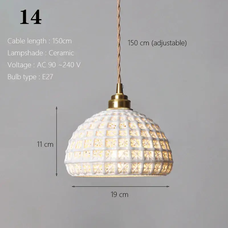 White ceramic pendant light with textured grid pattern and brass hardware ideal for kitchen and dining room lighting