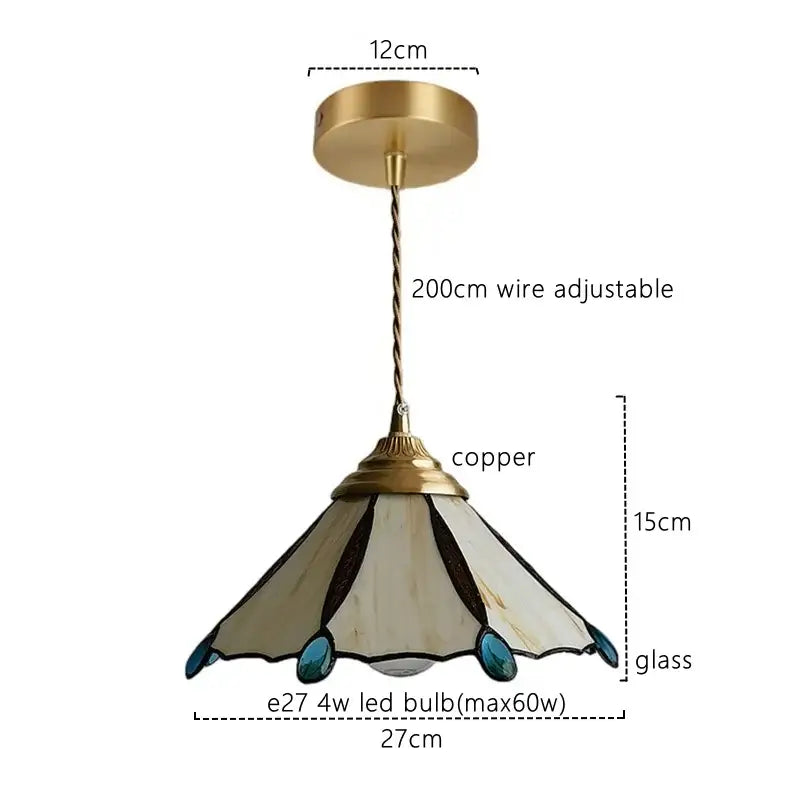 Decorative tiffany-style japanese stained glass led pendant light with cream and teal shade for kitchen island decor
