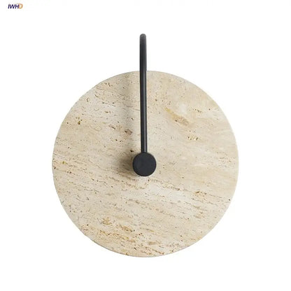 Beige stone wall lights with sleek black iron led arm and circular base from decorbites iron led wall bedroom sconce