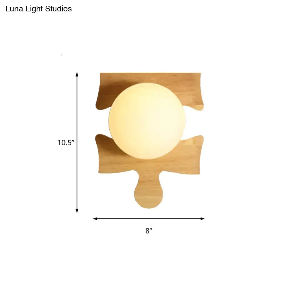 Japanese style wall light featuring warm-toned bulb nestled in beige wooden puzzle base for corridor lighting