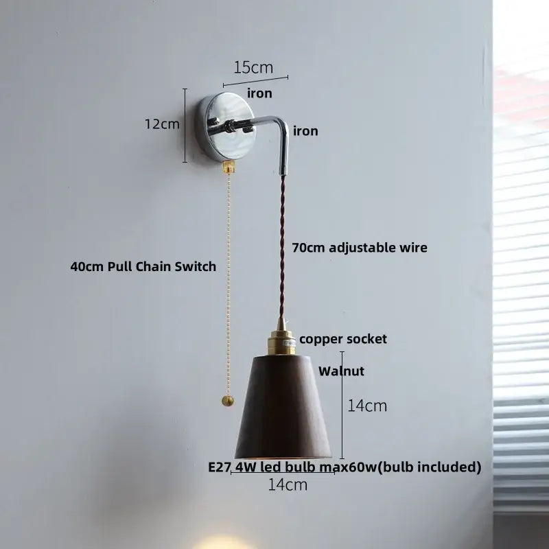 Japanese style black and brass wall lamp with polished iron arm, copper socket, and dark walnut shade pull chain light fixture