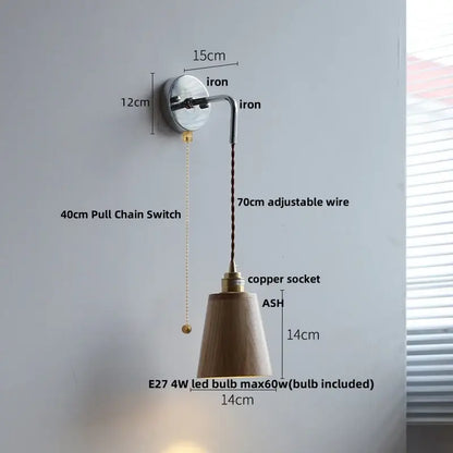 Japanese style black and brass wall lamp with pull chain features rustic iron bracket copper socket and wood shade light fixtures