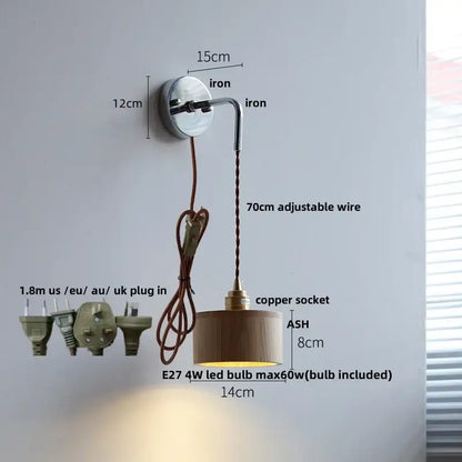 Japanese style black and brass wall lamp with cylindrical wooden shade chrome iron mount and adjustable pull chain light fixtures
