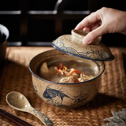 Earthenware ramen bowl with lid featuring blue fish wave motifs and speckled beige glaze japanese style decorbites