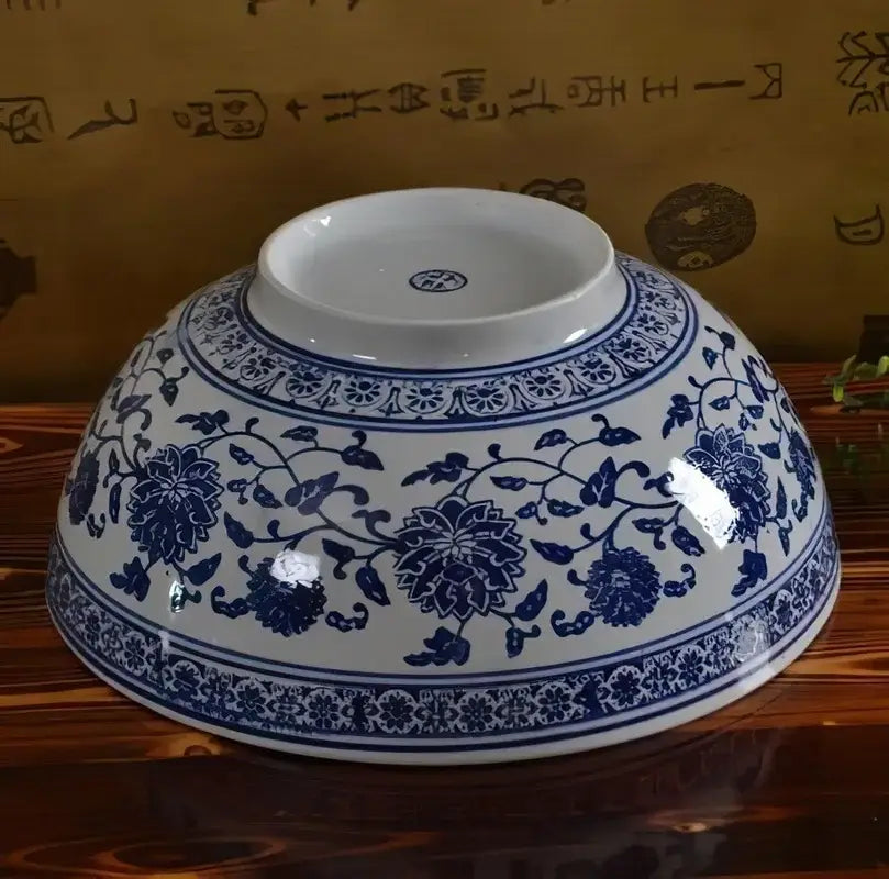 Traditional blue and white ceramic noodle bowl with intricate floral patterns in a Japanese style dining set of 3