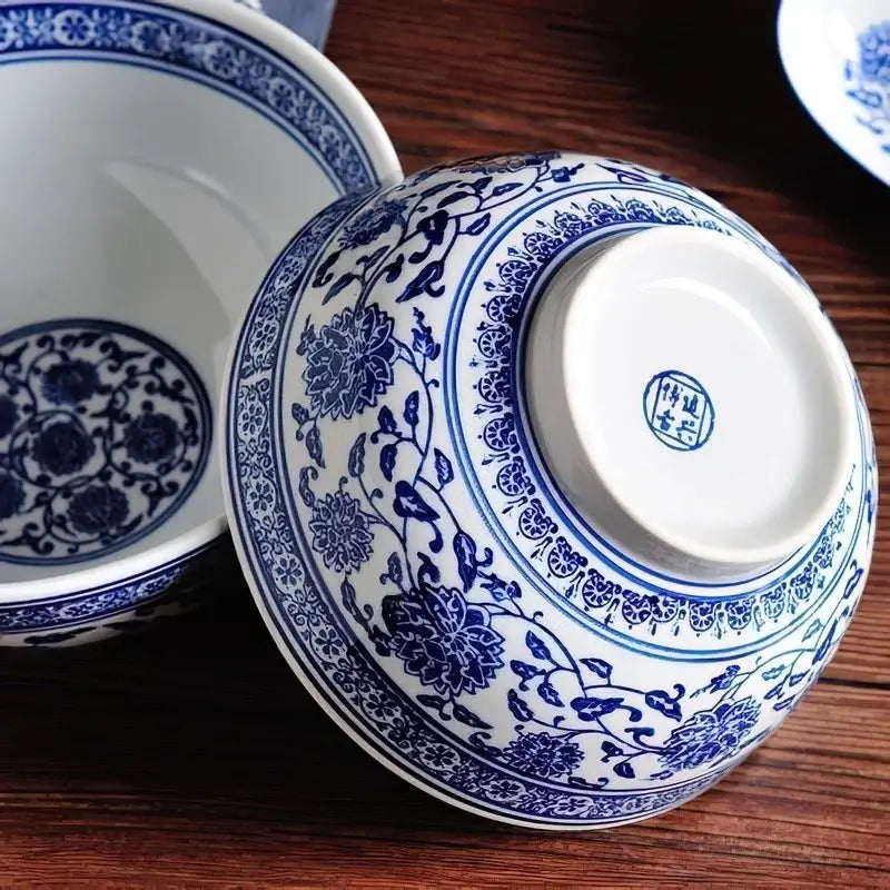 Traditional blue and white ceramic noodle bowl with intricate floral patterns in a Japanese style dining set of 3
