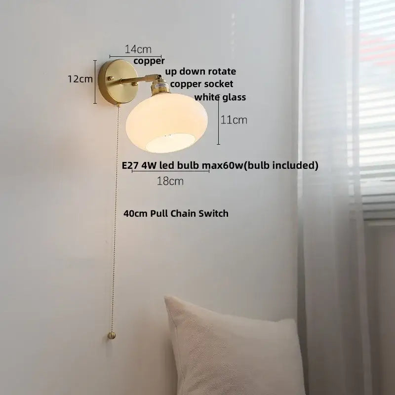 Copper-finished wall sconce with white glass globe and included 4w led bulb for decorbites japanese style bedroom lighting