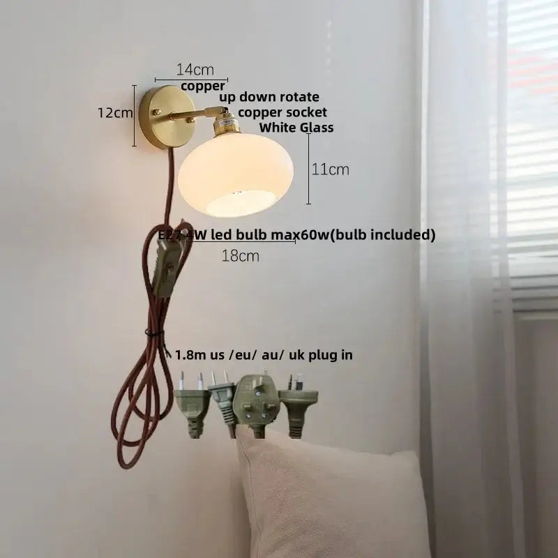 Copper wall sconce with white glass shade and 18cm cord decorbites japanese style led bedroom pull light