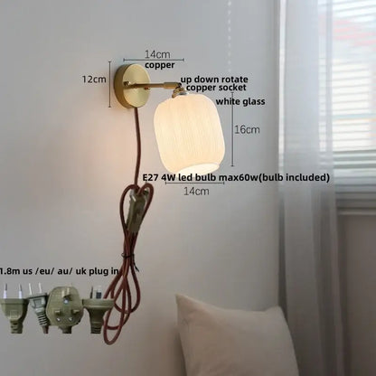Copper wall sconce with white glass shade in decorbites japanese style, ideal for bedroom pull light and japanese style led lighting