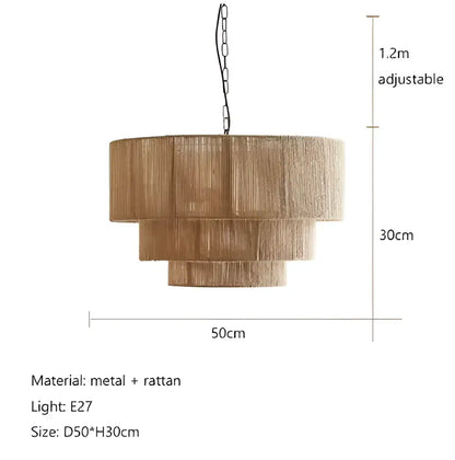 Beige tiered rattan hemp rope pendant light with metal accents and adjustable chain for bedroom decorbites hemp rope