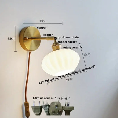 Japanese style led brass wall sconce with white ceramic lampshade and copper hardware for decorbites bedroom lighting