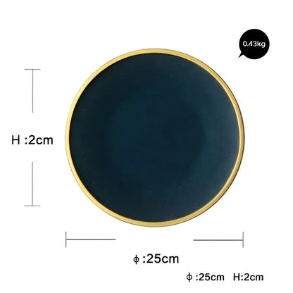 A deep navy blue ceramic dinner plate with a sleek gold rim from decorbites ceramic dinner set